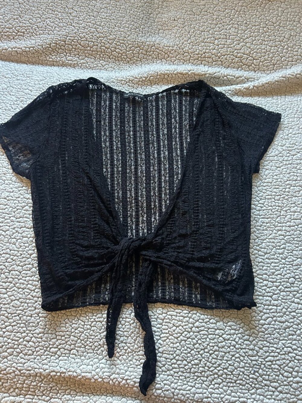 Carolyn Taylor -- black sheer, lace front tie short sleeve cardigan